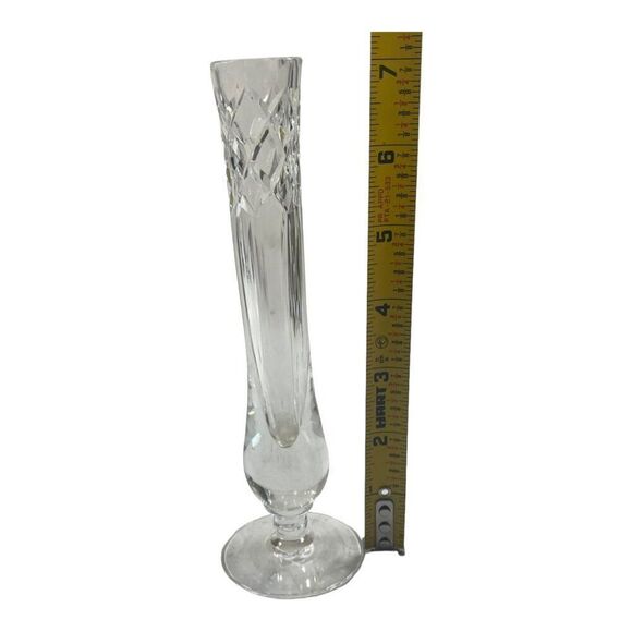 Elegant Crystal Bud Flower Vase 7" Pedestal Diamond Cut Glass At Top Narrow Thin - Picture 5 of 5